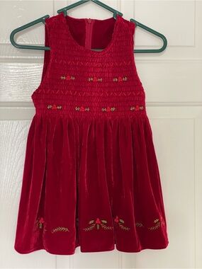 Vintage Red Velour Smocked Holiday Dress 4T 5T Pinafore Holly Embroidery